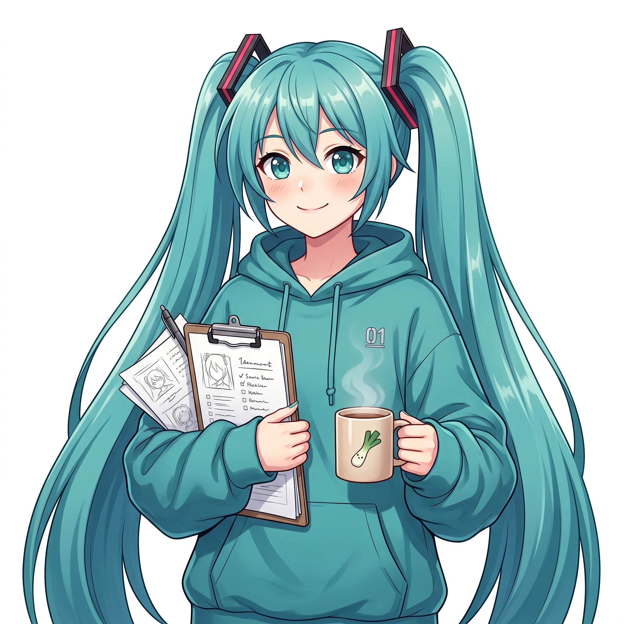 Miku holding a notebook and a mug